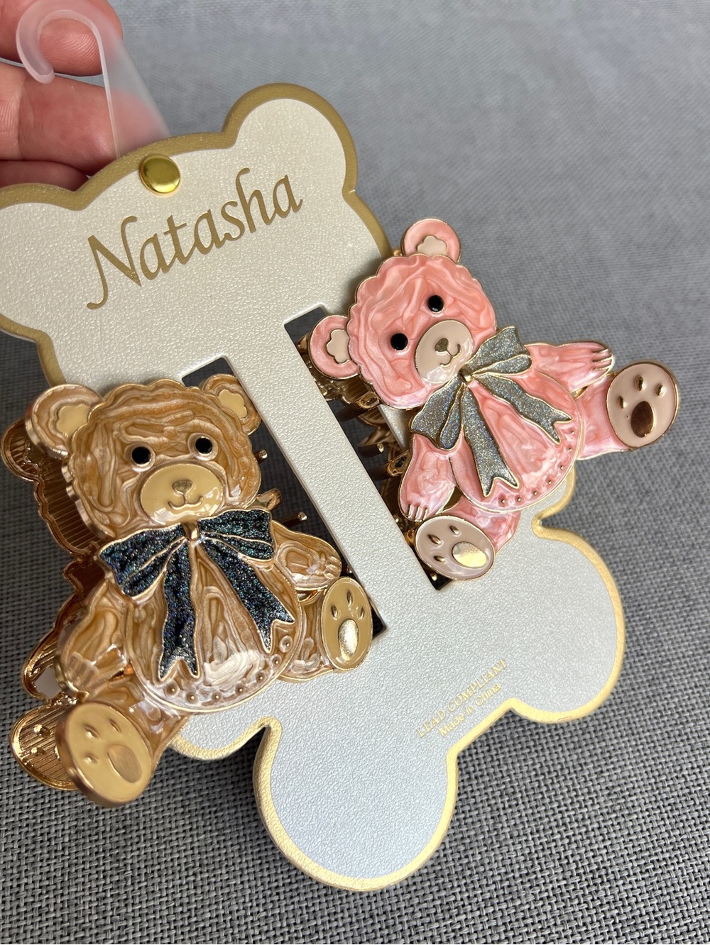 Natasha Teddy Bear metal claw jaw clip set of 2 pink brown gold glitter NWT